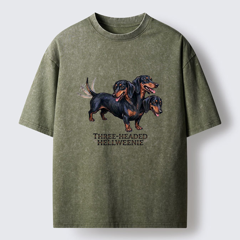 Tokyo-Tiger Three-headed Hellweenie Dachshund Dog Washed T-Shirt