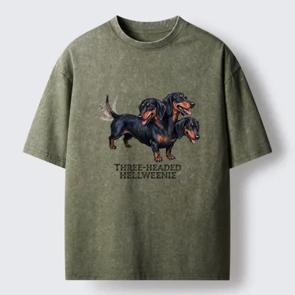 Tokyo-Tiger Three-headed Hellweenie Dachshund Dog Washed T-Shirt