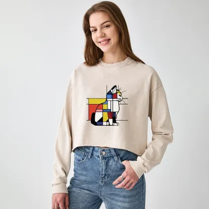 Tokyo-Tiger Geometric Cat Art In Primary Colors Washed Crop Sweatshirt