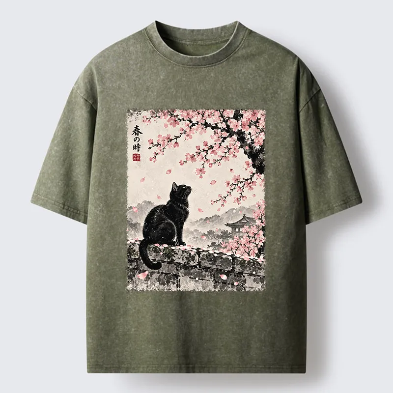 Tokyo-Tiger Spring Black Cat Art Washed T-Shirt