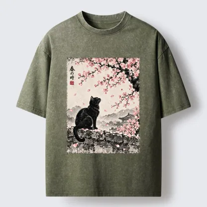 Tokyo-Tiger Spring Black Cat Art Washed T-Shirt