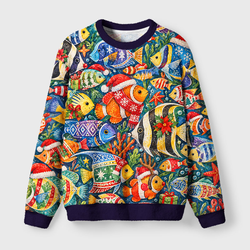 Tokyo-Tiger Christmas Tropical Fish Fuzzy Christmas Ugly Sweatshirt