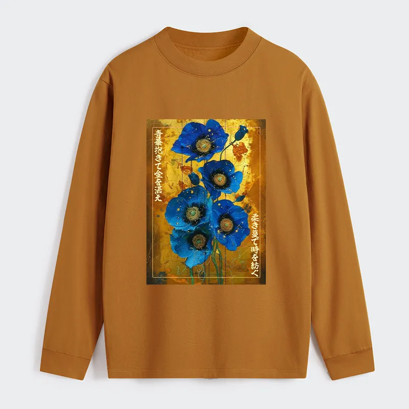 Tokyo-Tiger Shiny Blue Flower Warm Golden Background Classic Long Sleeve T-Shirt