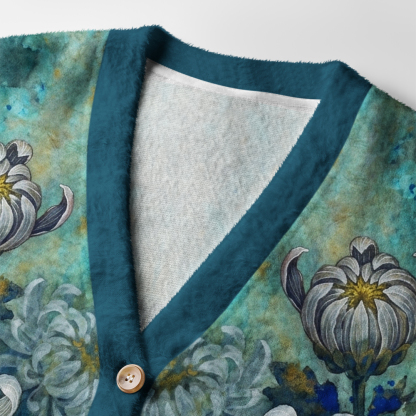 Tokyo-Tiger Indigo‑Blue Mums Ugly Cardigan Sweater