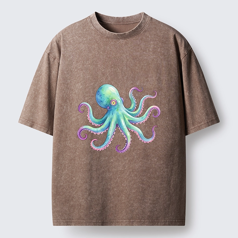 Tokyo‑Tiger Watercolor Octopus Washed T‑Shirt
