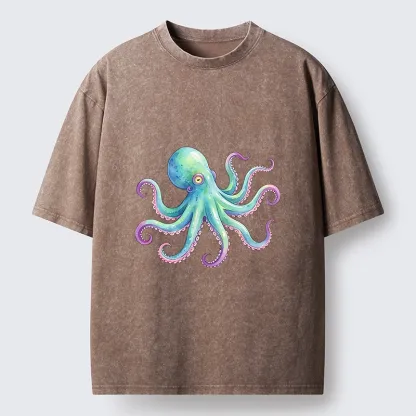 Tokyo‑Tiger Watercolor Octopus Washed T‑Shirt