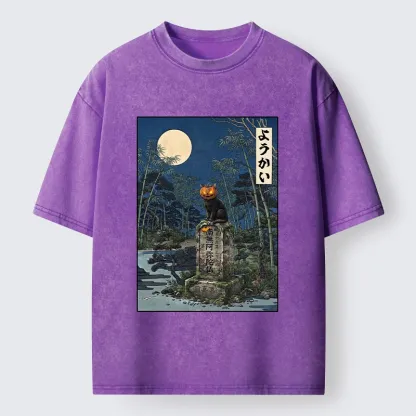 Tokyo‑Tiger Funny Ghost Cat Washed T‑Shirt