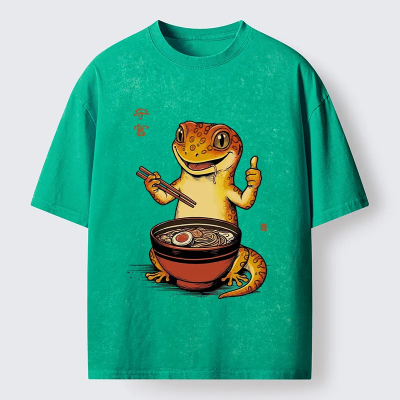 Tokyo-Tiger Japanese Gecko Eating Ramen Washed T-Shirt