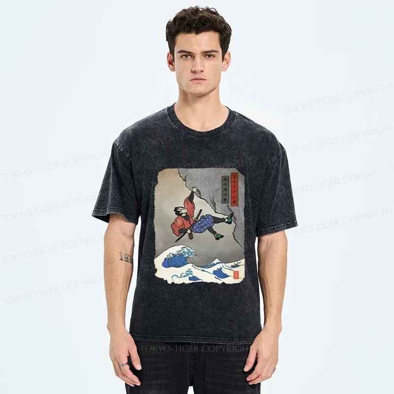 Tokyo-Tiger Japanese Samurai Rock Climbing Washed T-Shirt
