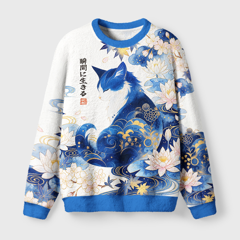 Tokyo-Tiger Retro Zen Cat: Living the Present Fuzzy Christmas Ugly Sweatshirt