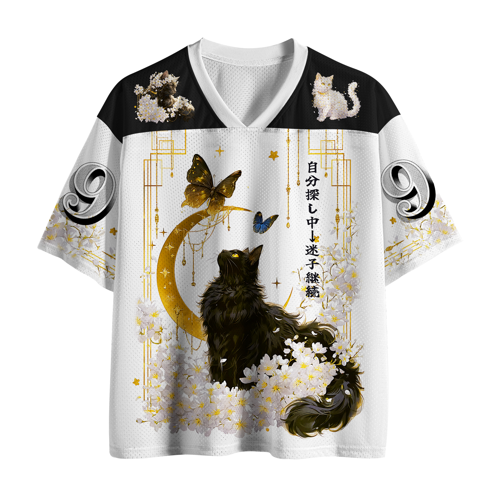 Tokyo-Tiger Moonlit Cat And Flowers Mesh Jersey