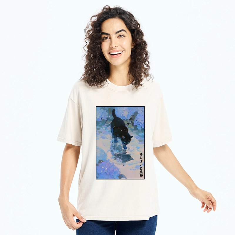 Tokyo-Tiger Midnight Cat In The Blue Rain Washed T-Shirt