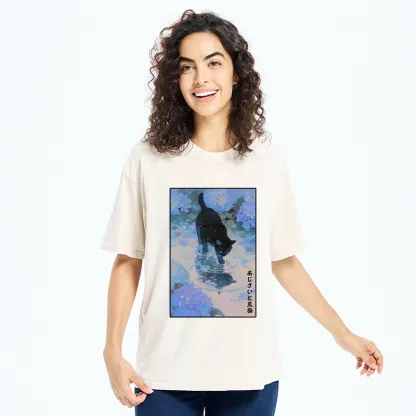 Tokyo-Tiger Midnight Cat In The Blue Rain Washed T-Shirt