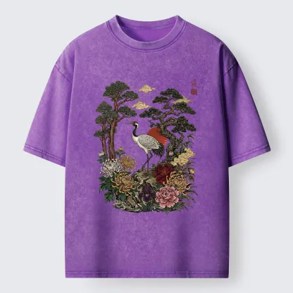 Tokyo-Tiger Vintage Crane Pine Tree Art Washed T-Shirt