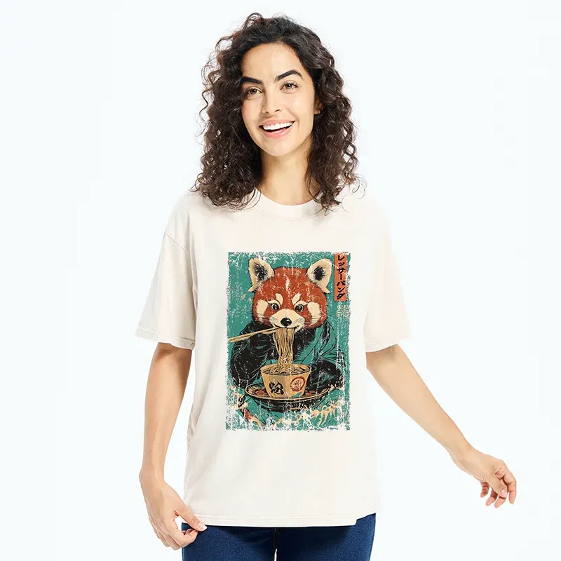 Tokyo-Tiger Raccoon Eating Ramen Washed T-Shirt