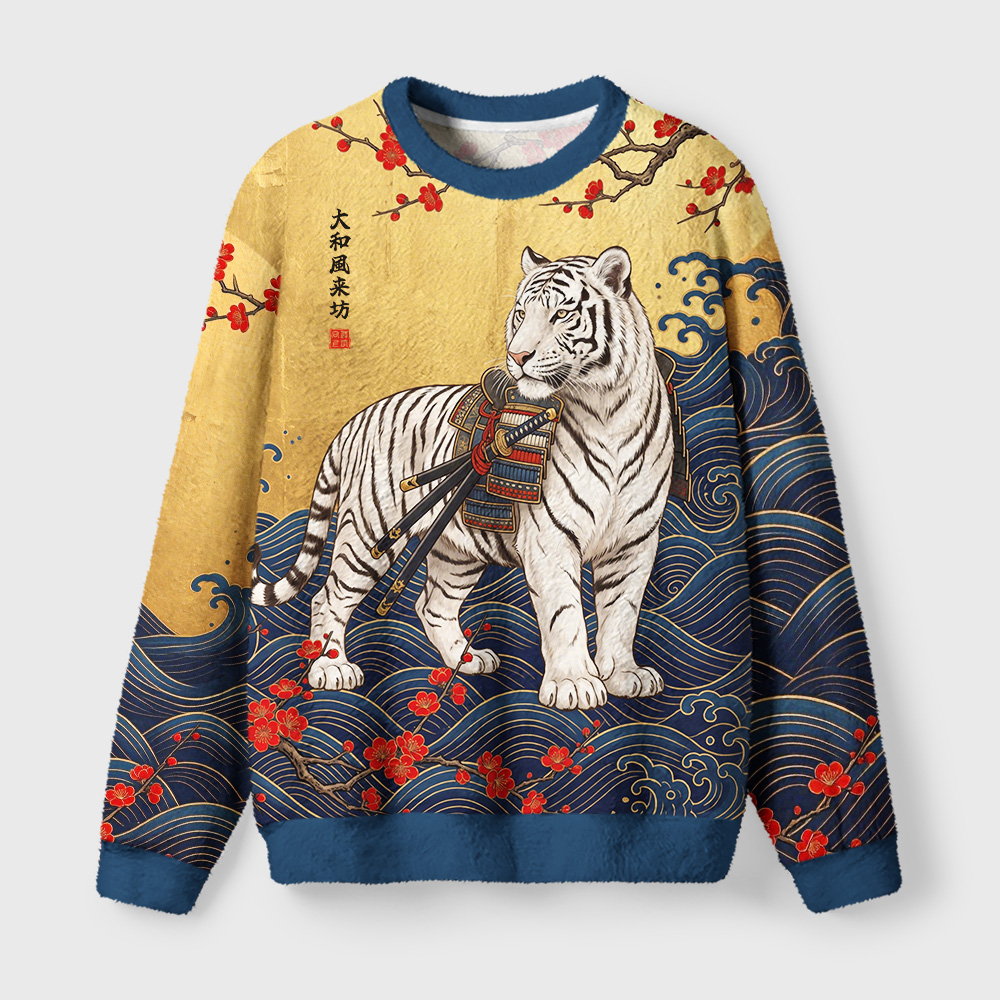 Tokyo-Tiger Wave Ronin Tiger Fuzzy Christmas Ugly Sweatshirt