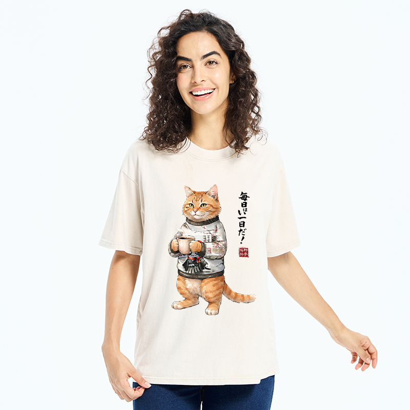 Tokyo‑Tiger Sweater Cat Coffee Washed T‑Shirt