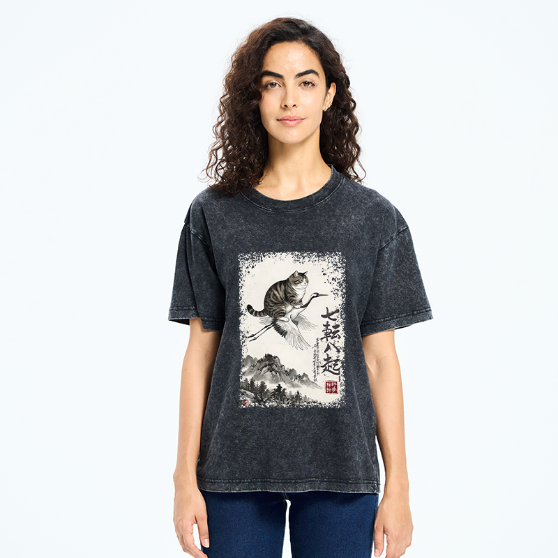 Tokyo-Tiger Funny Cat Riding Crane Art Washed T-Shirt
