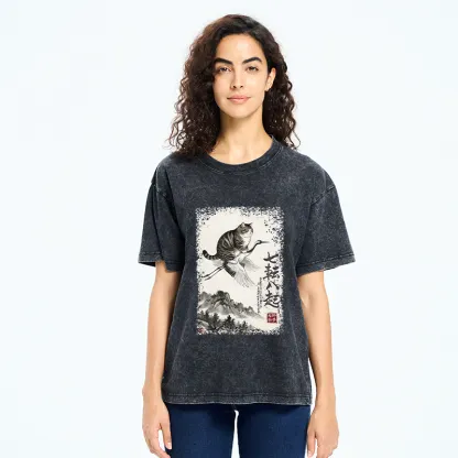 Tokyo-Tiger Funny Cat Riding Crane Art Washed T-Shirt