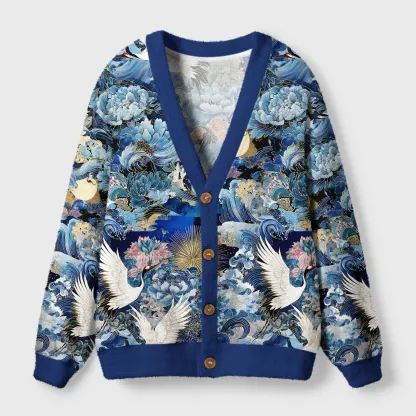 Tokyo-Tiger Ukiyo Cranes of the Great Ugly Cardigan Sweater