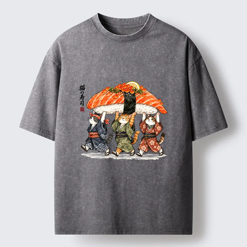 Tokyo-Tiger Funny Sushi Cat Crew Washed T-Shirt