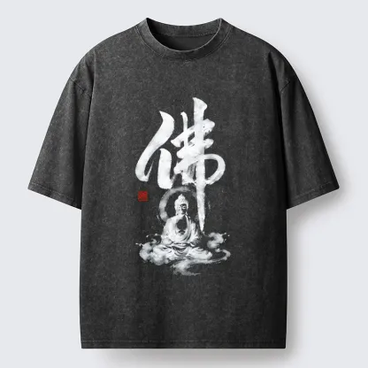 Tokyo-Tiger Zen Buddha Ink Kanji Painting Washed T-Shirt