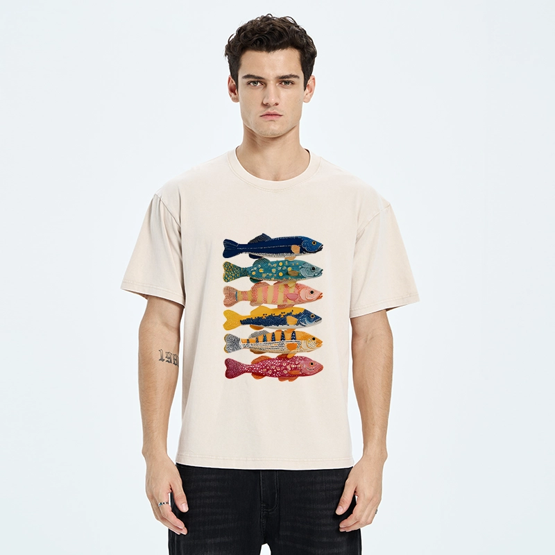 Tokyo-Tiger Colorful Fish Art Collection Washed T-Shirt
