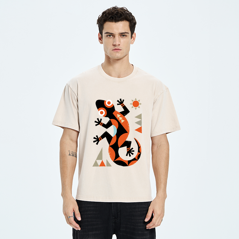 Tokyo-Tiger Abstract Geometric Gecko Washed T-Shirt