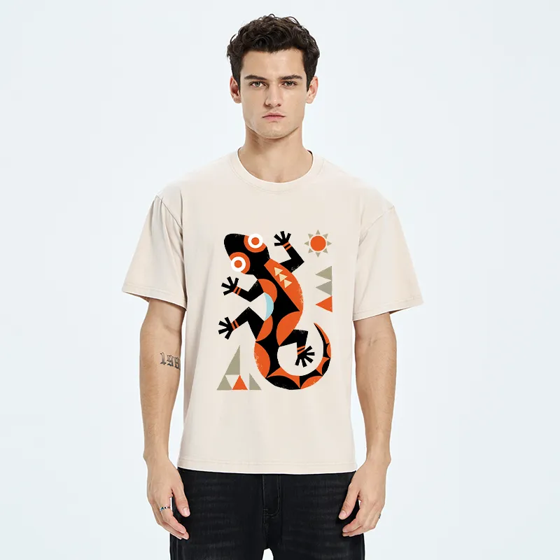 Tokyo-Tiger Abstract Geometric Gecko Washed T-Shirt