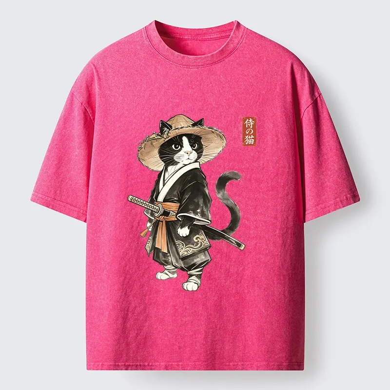 Tokyo‑Tiger Funny Samurai Cute Cat Washed T‑Shirt