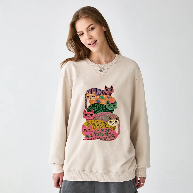Tokyo-Tiger Colorful Cats Washed Terry Sweatshirt