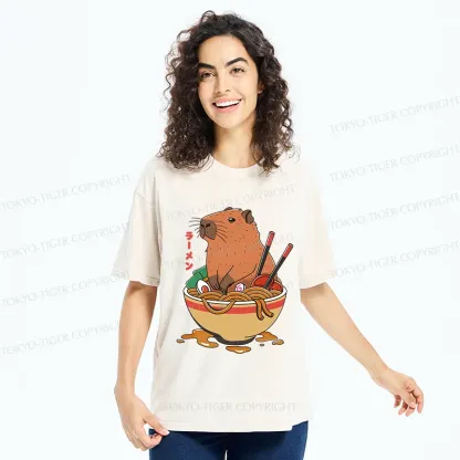 Tokyo-Tiger Capybara Ramen Funny Washed T-Shirt