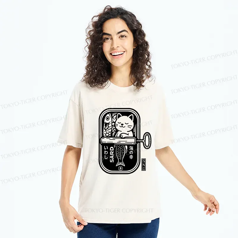 Tokyo-Tiger Cat And Canned Fish Washed T-Shirt
