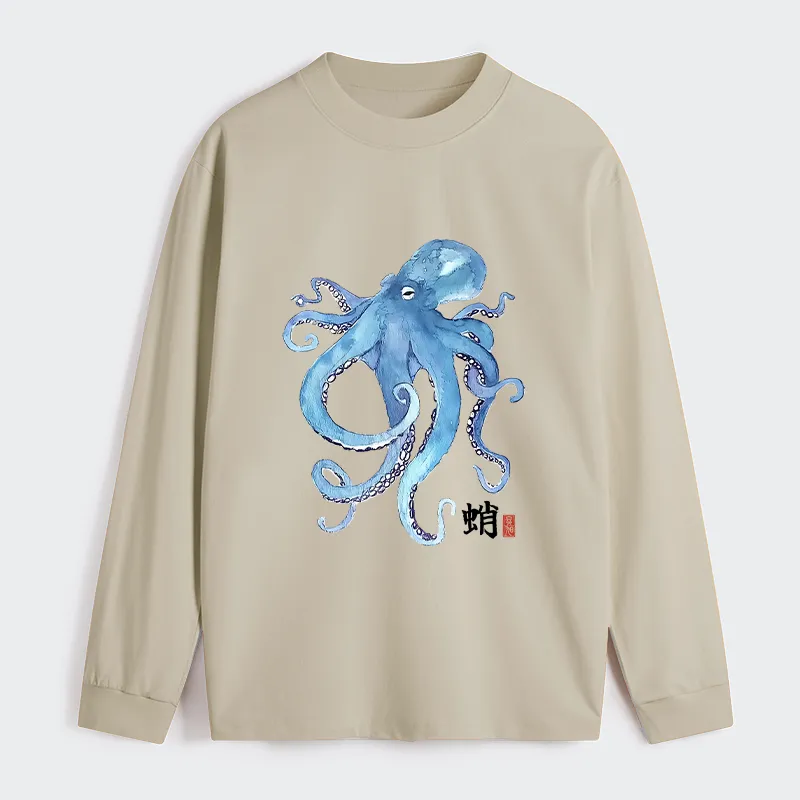 Tokyo-Tiger Watercolor Blue Octopus Classic Long Sleeve T-Shirt