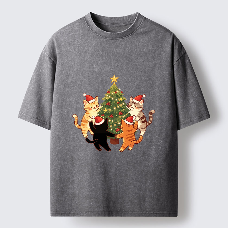Tokyo-Tiger Cat Christmas Tree Party Washed T-Shirt