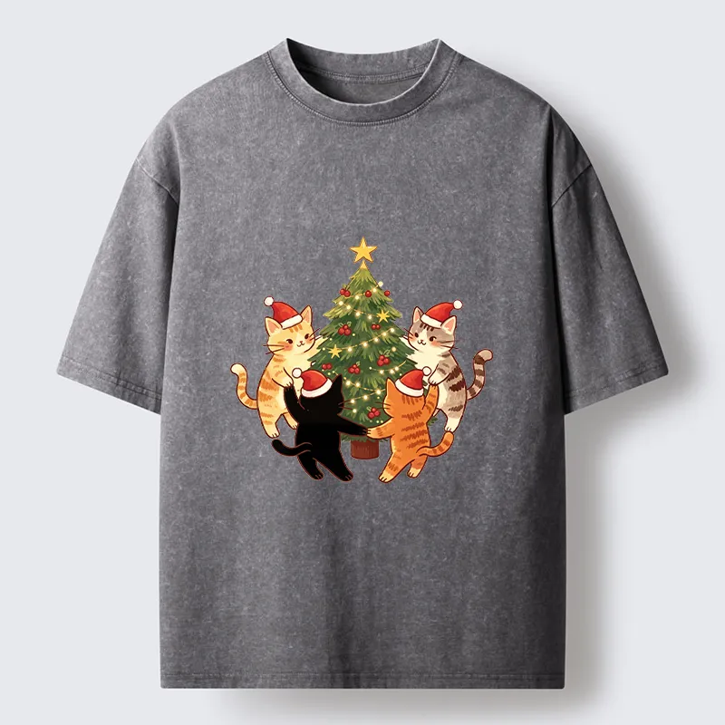 Tokyo-Tiger Cat Christmas Tree Party Washed T-Shirt