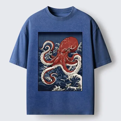Tokyo-Tiger Japanese Octopus Wave Washed T-Shirt
