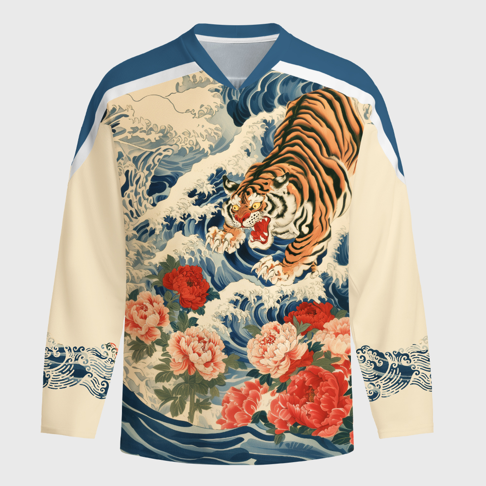 Tokyo-Tiger Tiger Of The Floral Surf Long-Sleeve Hockey Jersey
