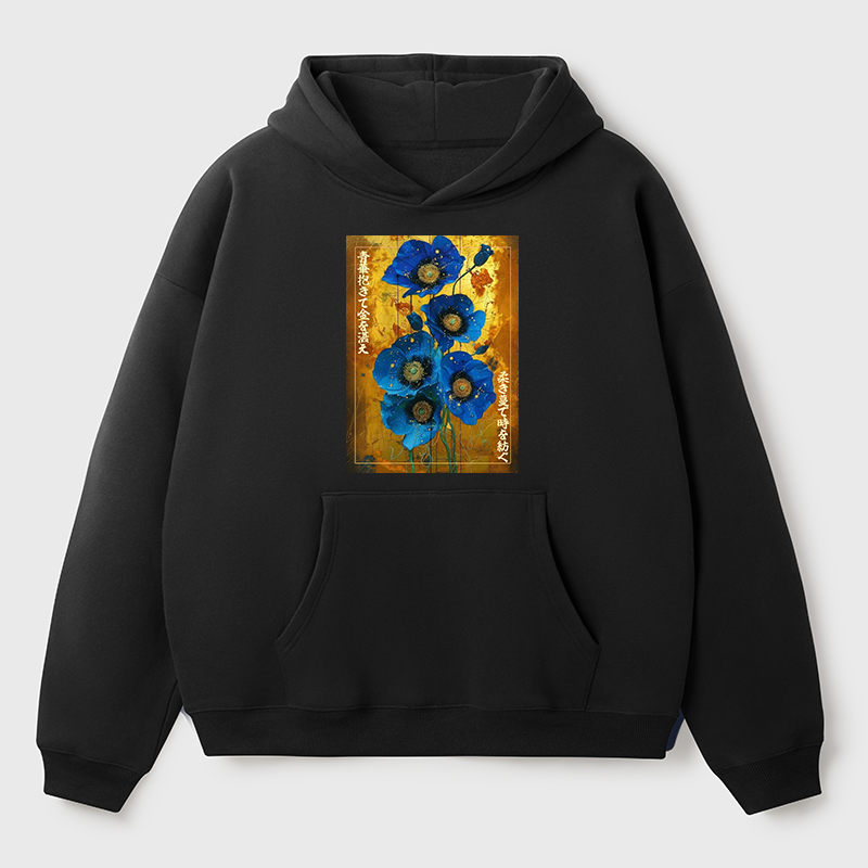 Tokyo-Tiger Shiny Blue Flower Warm Golden Background Adult Fleece Hoodie