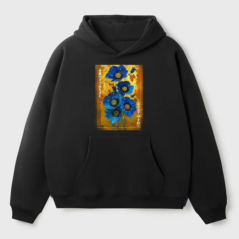 Tokyo-Tiger Shiny Blue Flower Warm Golden Background Adult Fleece Hoodie