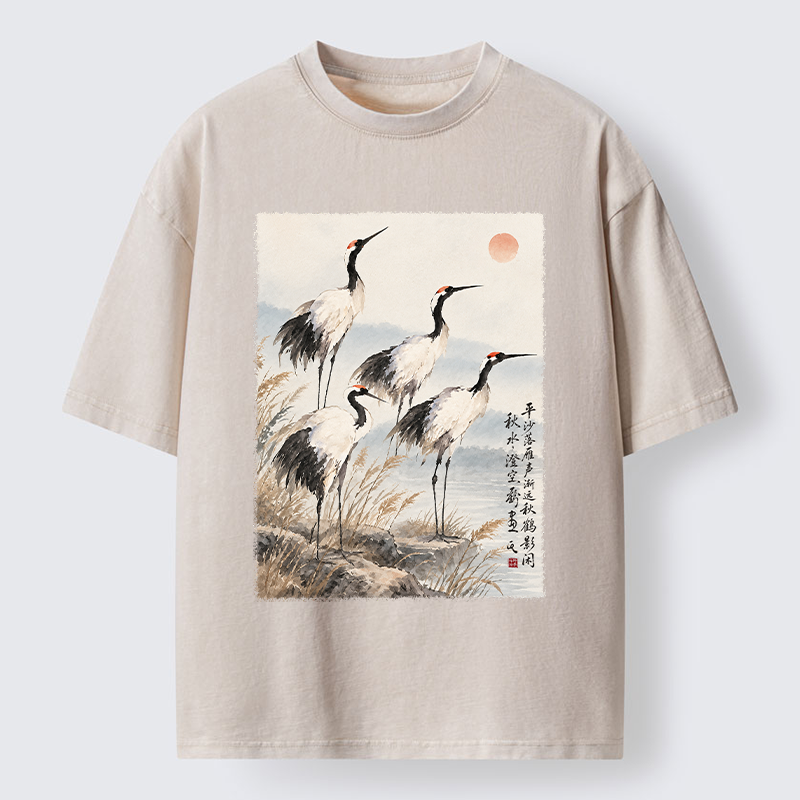 Tokyo-Tiger Vintage Oriental Crane Art Washed T-Shirt