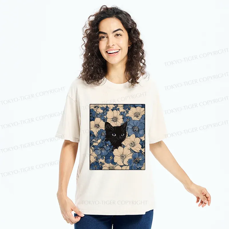 Tokyo-Tiger Cat In The Flowers Washed T-Shirt