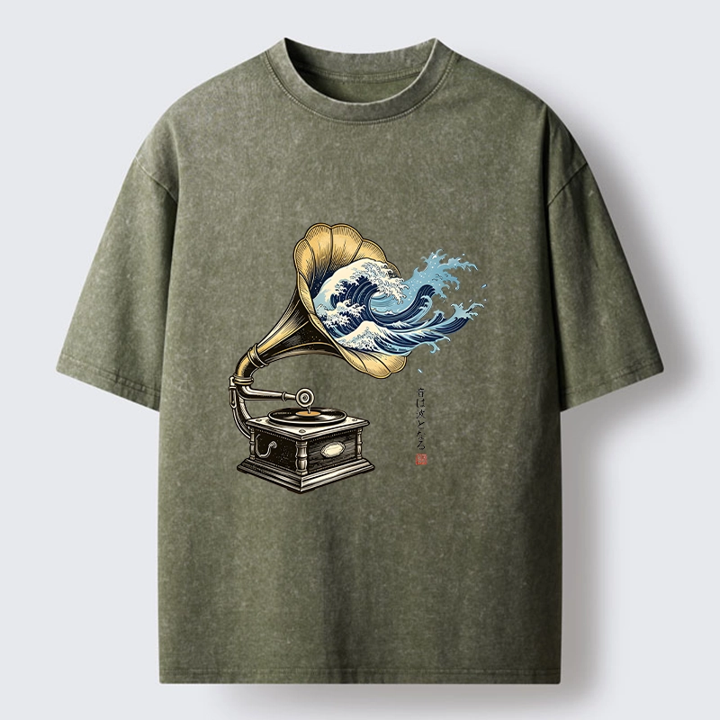 Tokyo‑Tiger Funny Wave Gramophone Washed T‑Shirt