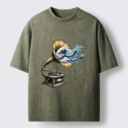 Tokyo‑Tiger Funny Wave Gramophone Washed T‑Shirt