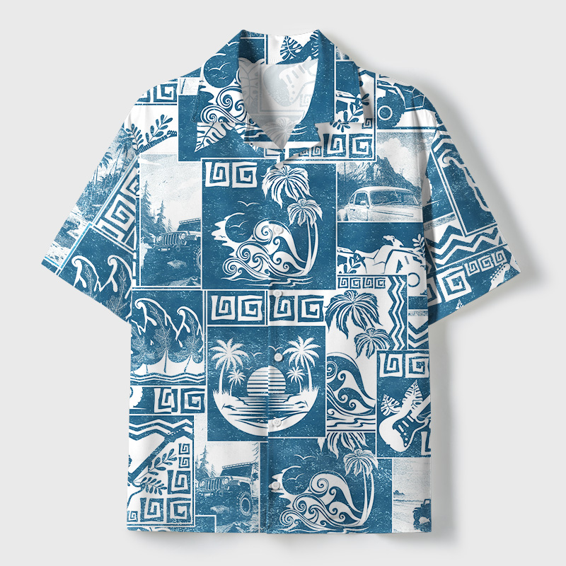 Tokyo-Tiger Tropical Island Collage Cuban Collar Shirt