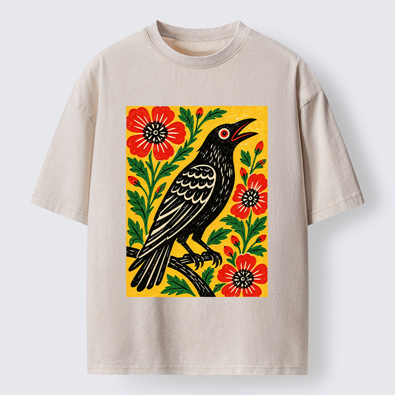 Tokyo‑Tiger Vintage Crow Flower Folk Art Washed T‑Shirt Sale
