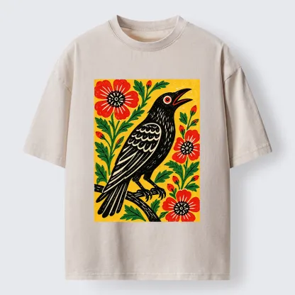 Tokyo-Tiger Vintage Crow Flower Folk Art Washed T-Shirt