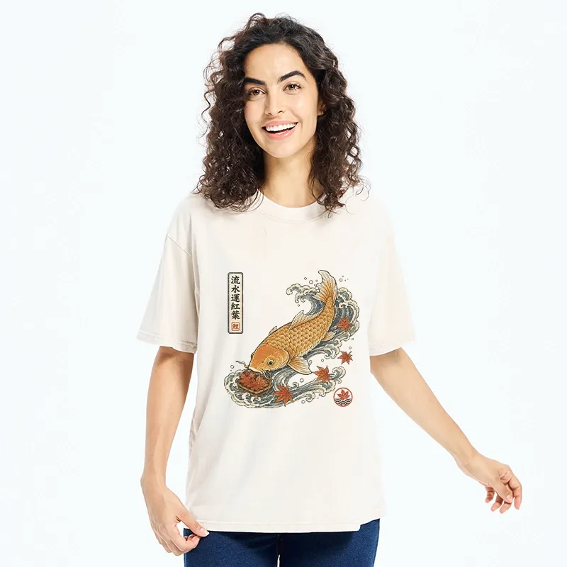 Tokyo-Tiger Golden Koi Carp Maple Leaf Wave Art Washed T-Shirt