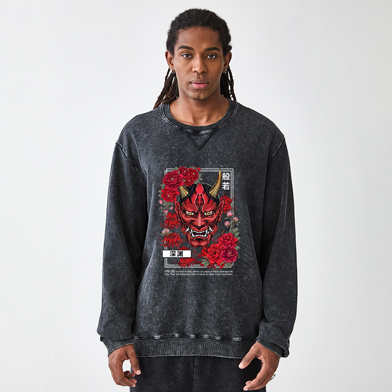 Tokyo-Tiger Cool Oni Floral Art Washed Terry Sweatshirt