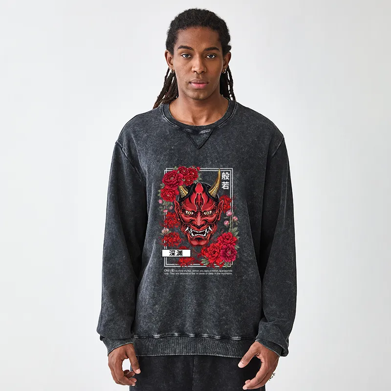 Tokyo-Tiger Cool Oni Floral Art Washed Terry Sweatshirt